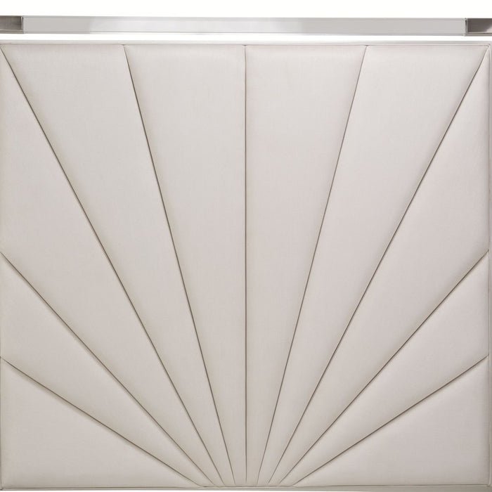 AICO Penthouse/Lanterna King Canopy Channel Tufted Upholstered Bed in Silver Mist